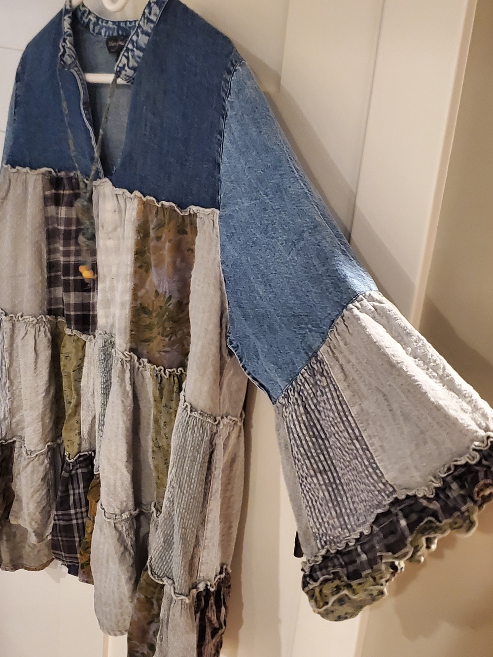 Patchwork Denim Tunic Top Blue Olive Ruffle Western Country Cottagecore Rodeo - Picture 8 of 12